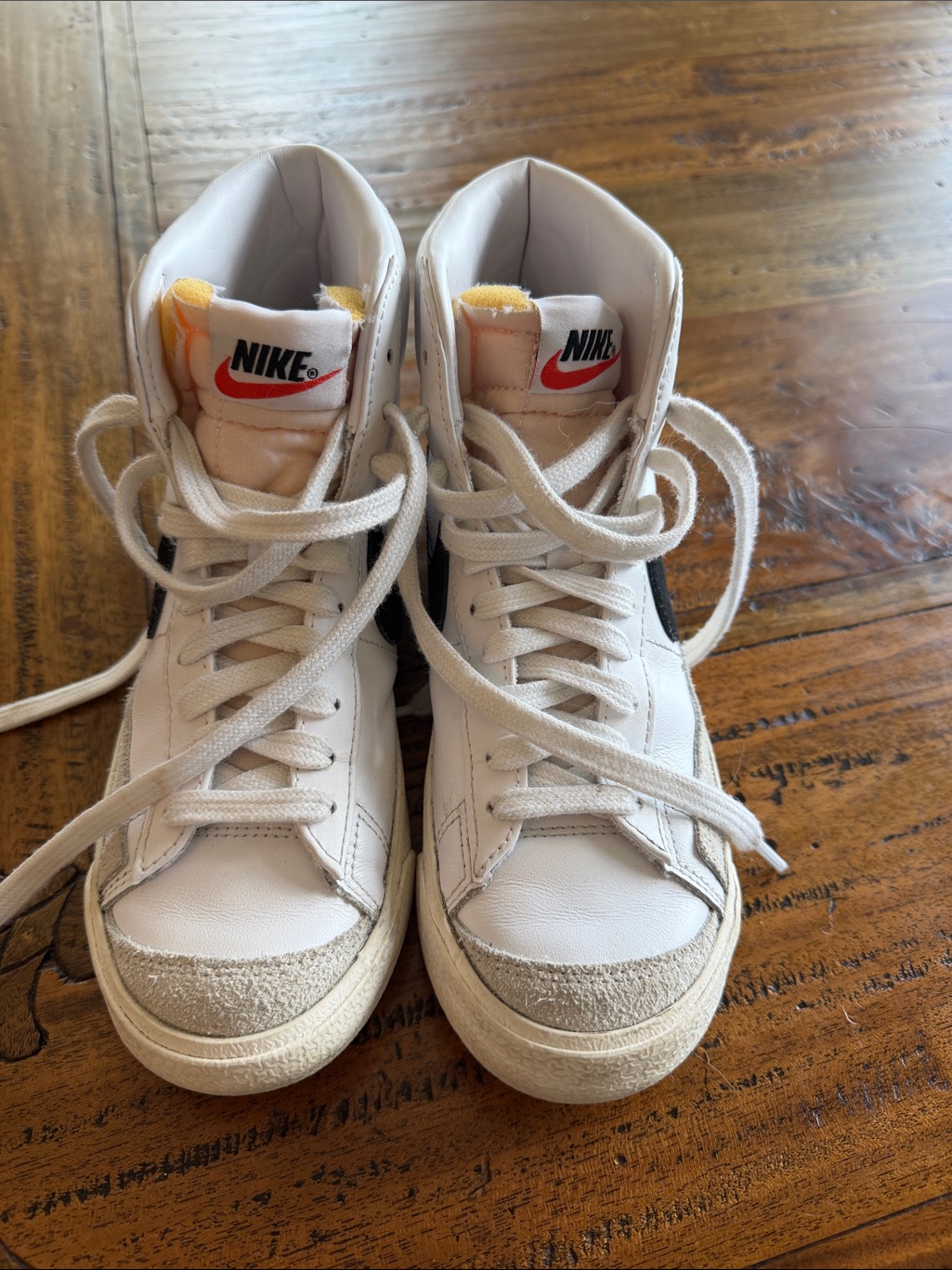 Nike White High-Top Sneakers With Black Swoosh And Red Logo